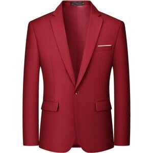Men's One Button Blazer Solid Color Suit Jacket Red